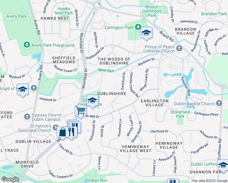 map of restaurants, bars, coffee shops, grocery stores, and more near 7370 Earlsford Drive in Dublin