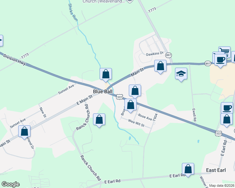 map of restaurants, bars, coffee shops, grocery stores, and more near 4263 Division Highway in East Earl