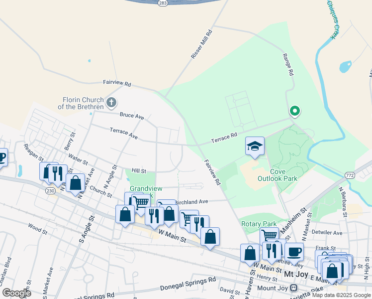 map of restaurants, bars, coffee shops, grocery stores, and more near 314 Hill Street in Mount Joy