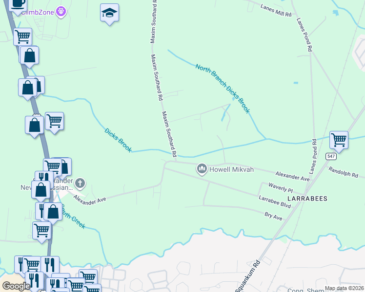 map of restaurants, bars, coffee shops, grocery stores, and more near 365 Alexander Avenue in Howell Township