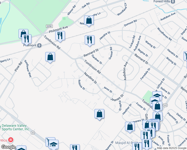 map of restaurants, bars, coffee shops, grocery stores, and more near 10911 Nandina Lane in Philadelphia