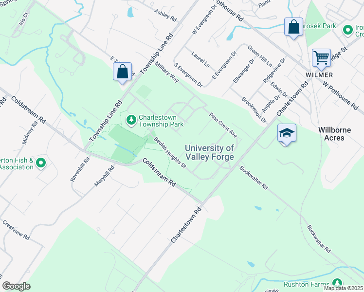 map of restaurants, bars, coffee shops, grocery stores, and more near 1401 Charlestown Road in Phoenixville