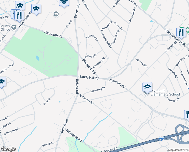 map of restaurants, bars, coffee shops, grocery stores, and more near 1712 Sandy Hill Road in Plymouth Meeting