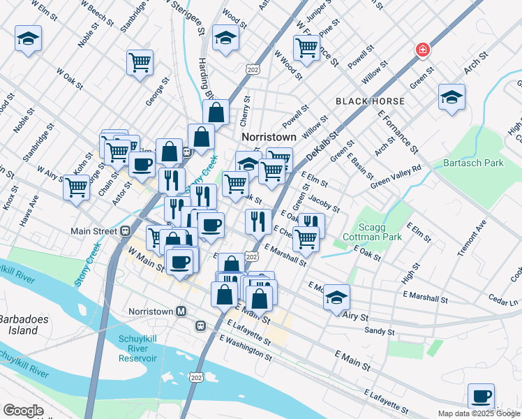 map of restaurants, bars, coffee shops, grocery stores, and more near 747 Willow Street in Norristown