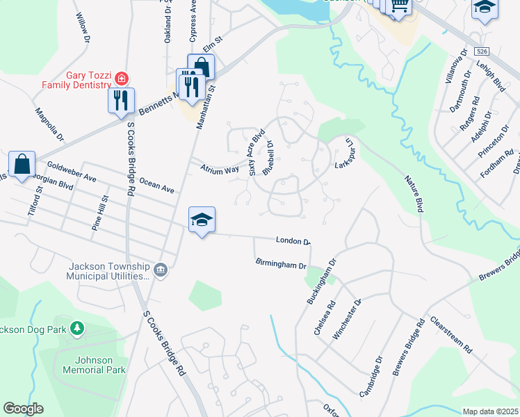 map of restaurants, bars, coffee shops, grocery stores, and more near 65 Orchard Court in Jackson Township