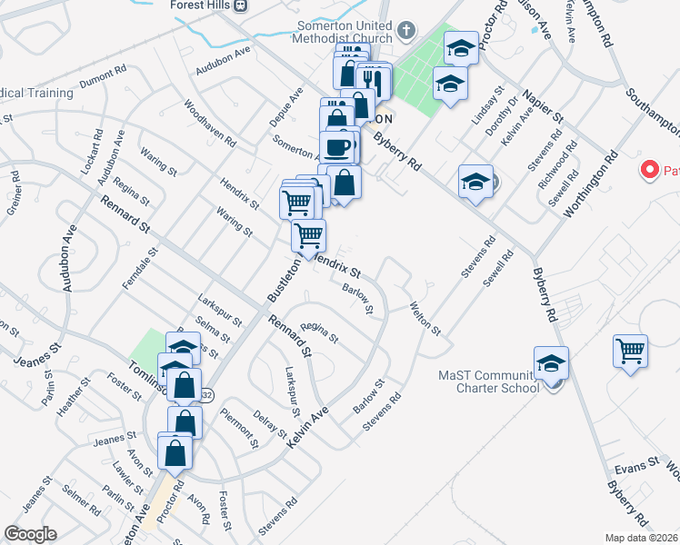 map of restaurants, bars, coffee shops, grocery stores, and more near 11602 Hendrix Terrace in Philadelphia