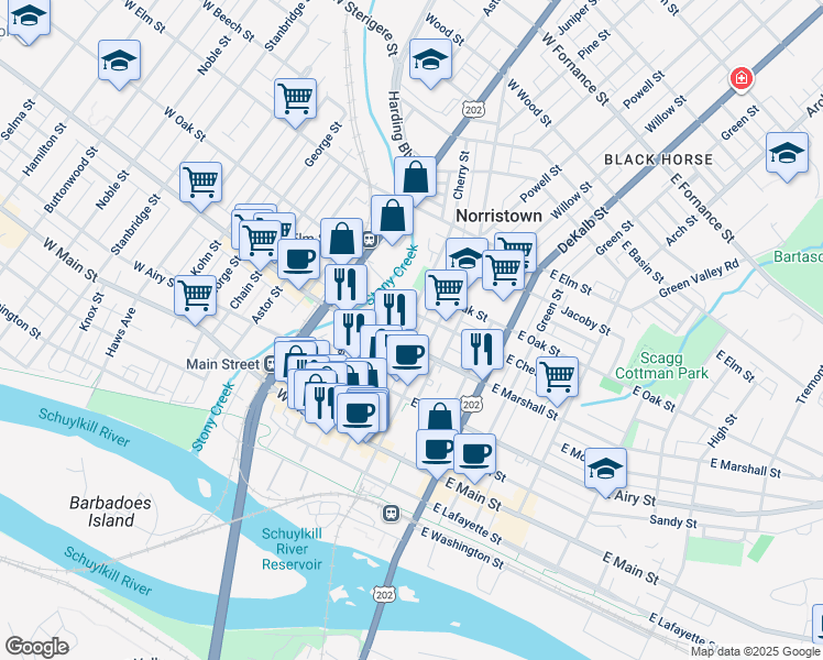 map of restaurants, bars, coffee shops, grocery stores, and more near 618 Cherry Street in Norristown
