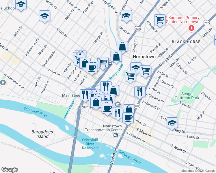 map of restaurants, bars, coffee shops, grocery stores, and more near 520 Norris Street in Norristown