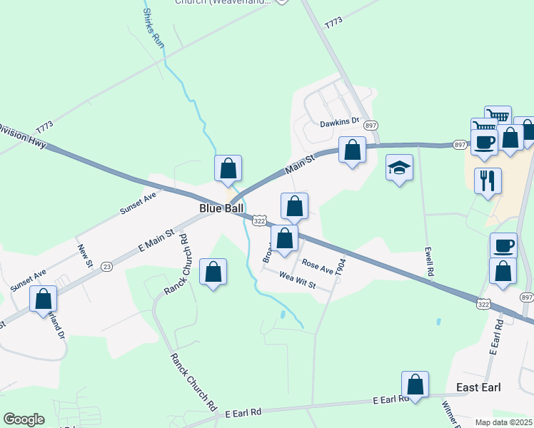 map of restaurants, bars, coffee shops, grocery stores, and more near 4256 Division Highway in East Earl