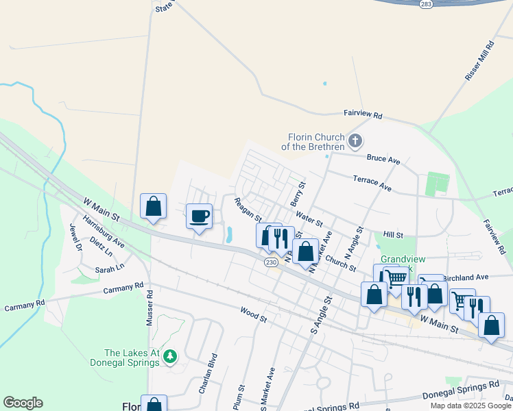 map of restaurants, bars, coffee shops, grocery stores, and more near 1019 Reagan Street in Mount Joy