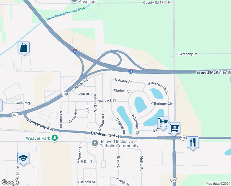 map of restaurants, bars, coffee shops, grocery stores, and more near 2802 Slayback Street in Urbana