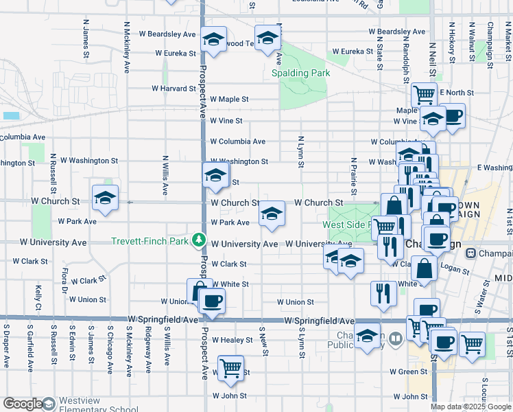 map of restaurants, bars, coffee shops, grocery stores, and more near 202 North New Street in Champaign