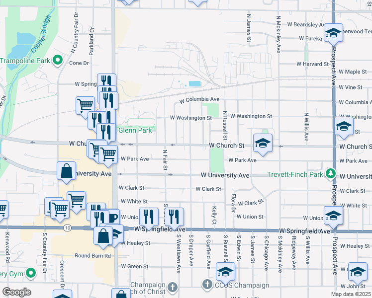 map of restaurants, bars, coffee shops, grocery stores, and more near 1502 West Park Avenue in Champaign