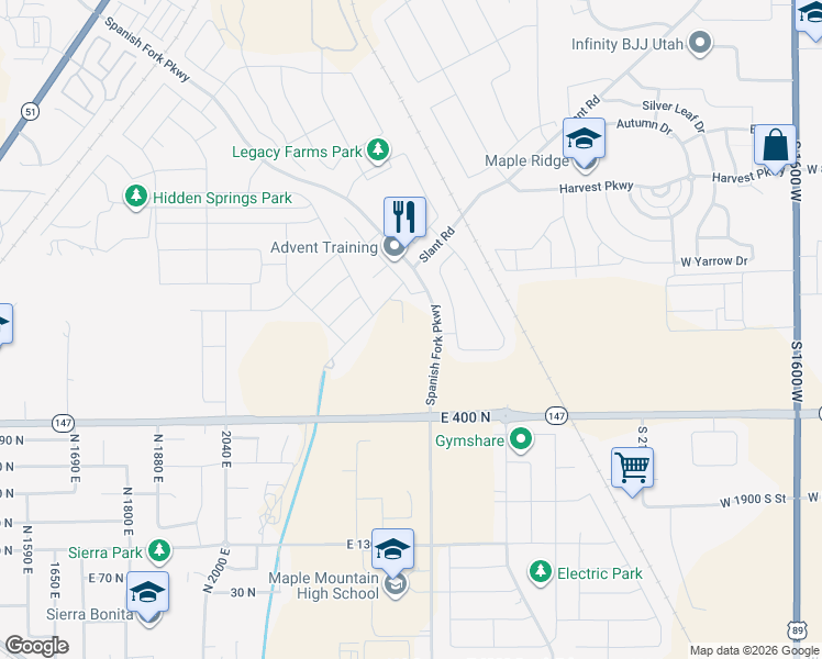 map of restaurants, bars, coffee shops, grocery stores, and more near 653 North Plainsman Drive in Mapleton