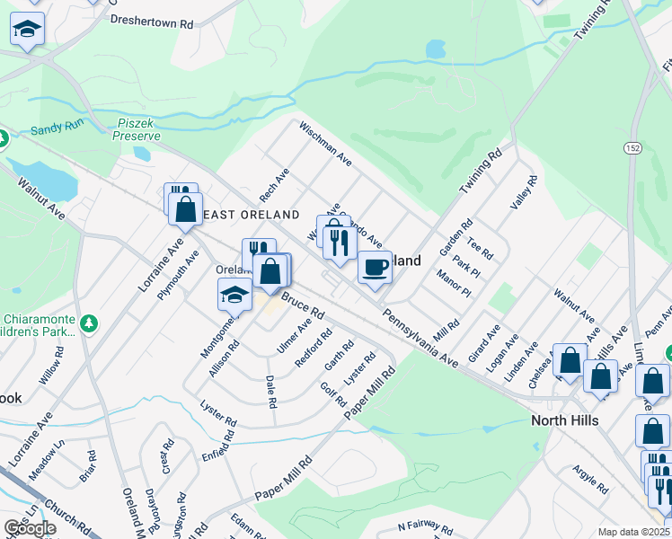 map of restaurants, bars, coffee shops, grocery stores, and more near 1300 Pennsylvania Avenue in Oreland
