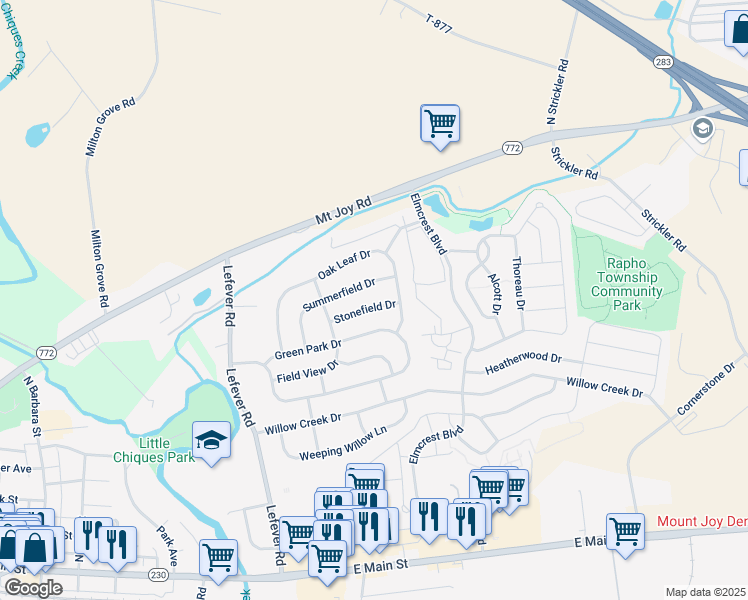 map of restaurants, bars, coffee shops, grocery stores, and more near 5238 Stonefield Drive in Mount Joy