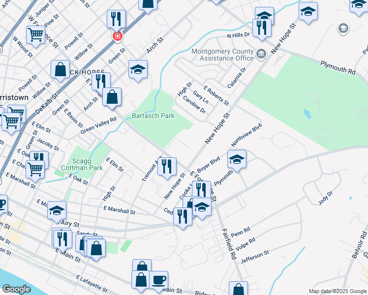 map of restaurants, bars, coffee shops, grocery stores, and more near 712 Carmen Drive in Norristown