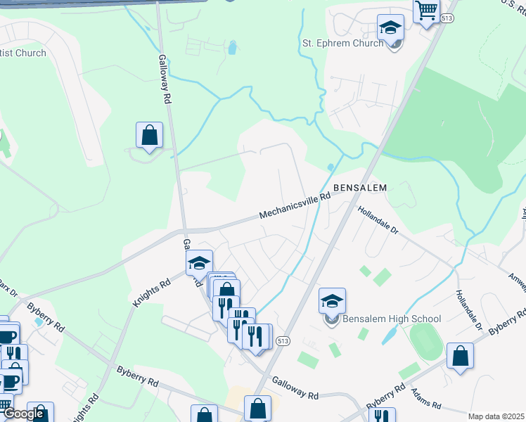 map of restaurants, bars, coffee shops, grocery stores, and more near 4020 Mechanicsville Road in Bensalem