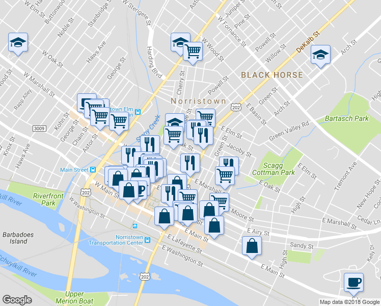 map of restaurants, bars, coffee shops, grocery stores, and more near 747 Willow Street in Norristown