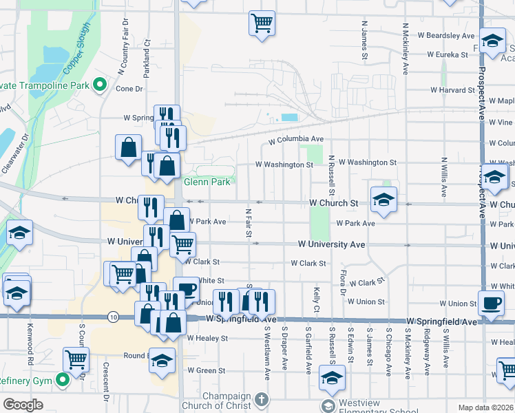 map of restaurants, bars, coffee shops, grocery stores, and more near 1518 West Park Avenue in Champaign