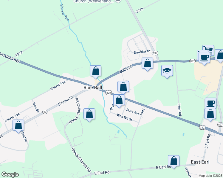 map of restaurants, bars, coffee shops, grocery stores, and more near 4256 Division Highway in East Earl