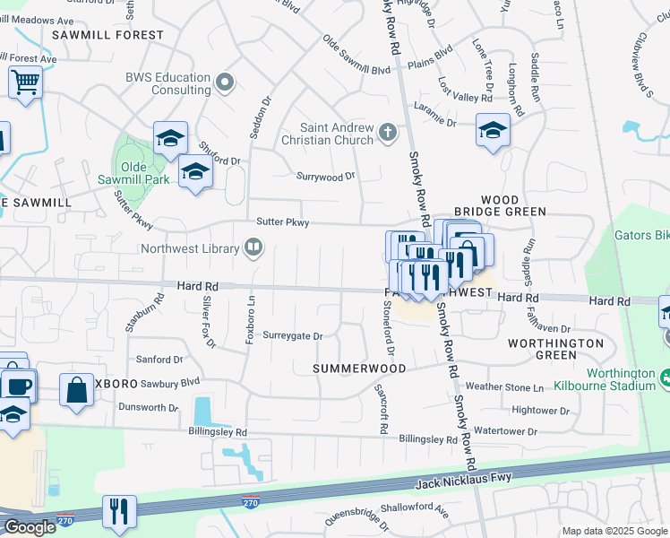 map of restaurants, bars, coffee shops, grocery stores, and more near 7692 Schoolway Court in Dublin