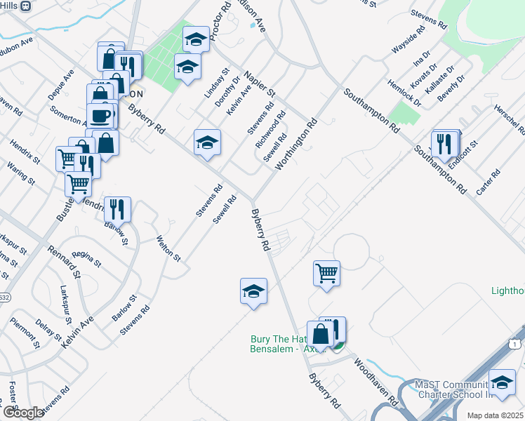 map of restaurants, bars, coffee shops, grocery stores, and more near 13004 Trina Drive in Philadelphia
