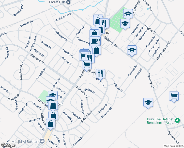 map of restaurants, bars, coffee shops, grocery stores, and more near 11618 Hendrix Terrace in Philadelphia