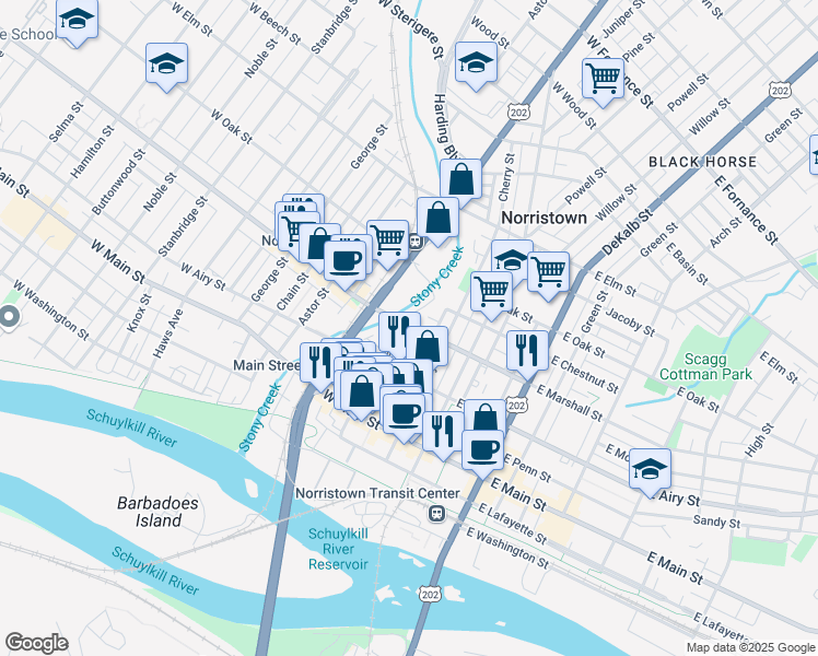 map of restaurants, bars, coffee shops, grocery stores, and more near 140 West Marshall Street in Norristown