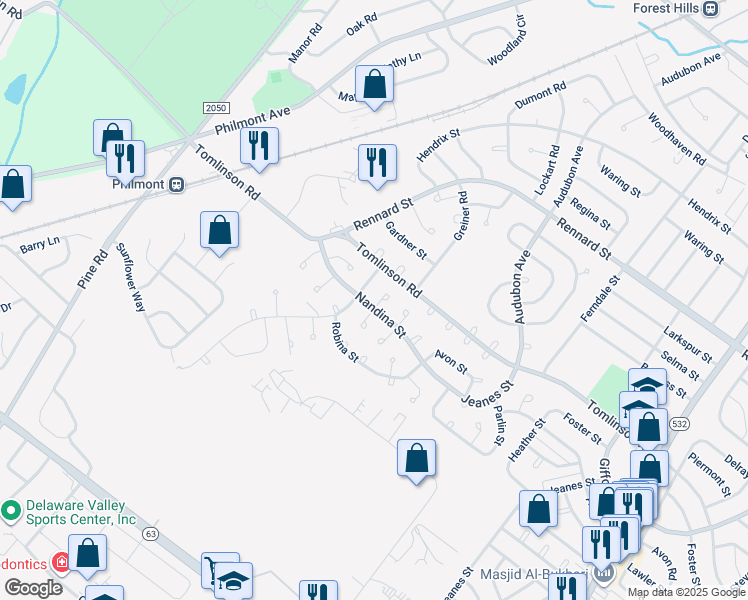 map of restaurants, bars, coffee shops, grocery stores, and more near 10904 Nandina Lane in Philadelphia