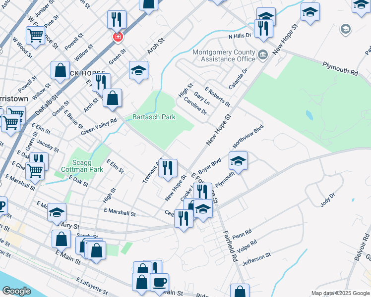map of restaurants, bars, coffee shops, grocery stores, and more near 712 Carmen Drive in Norristown