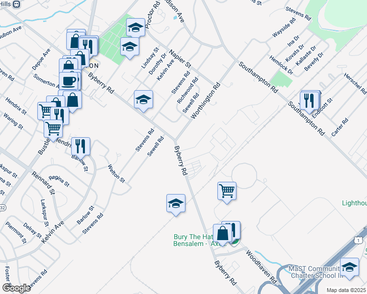 map of restaurants, bars, coffee shops, grocery stores, and more near 13006 Trina Drive in Philadelphia
