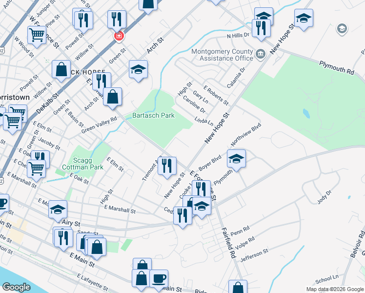map of restaurants, bars, coffee shops, grocery stores, and more near 711 East Fornance Street in Norristown