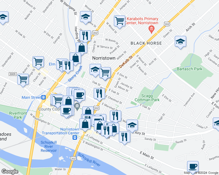 map of restaurants, bars, coffee shops, grocery stores, and more near in Norristown