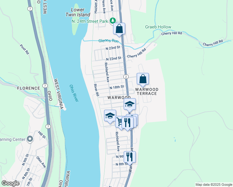map of restaurants, bars, coffee shops, grocery stores, and more near in Wheeling