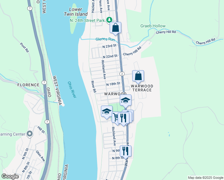 map of restaurants, bars, coffee shops, grocery stores, and more near in Wheeling