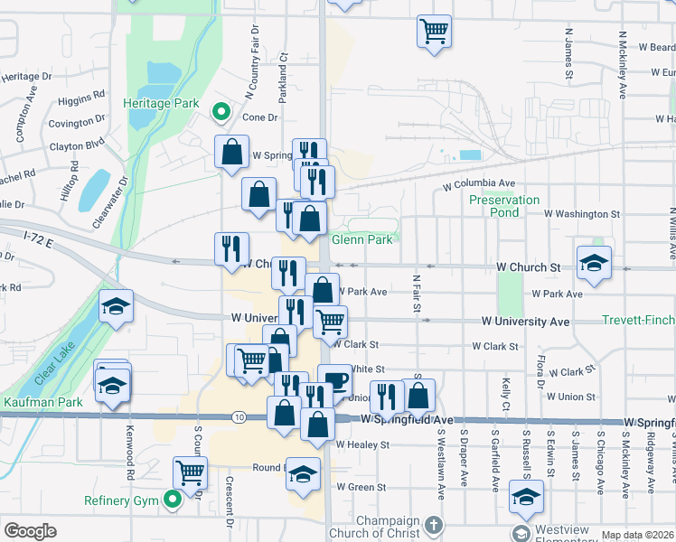 map of restaurants, bars, coffee shops, grocery stores, and more near 1715 West Park Avenue in Champaign