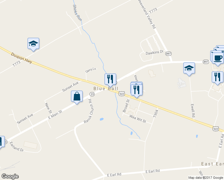 map of restaurants, bars, coffee shops, grocery stores, and more near 4210 Division Highway in East Earl