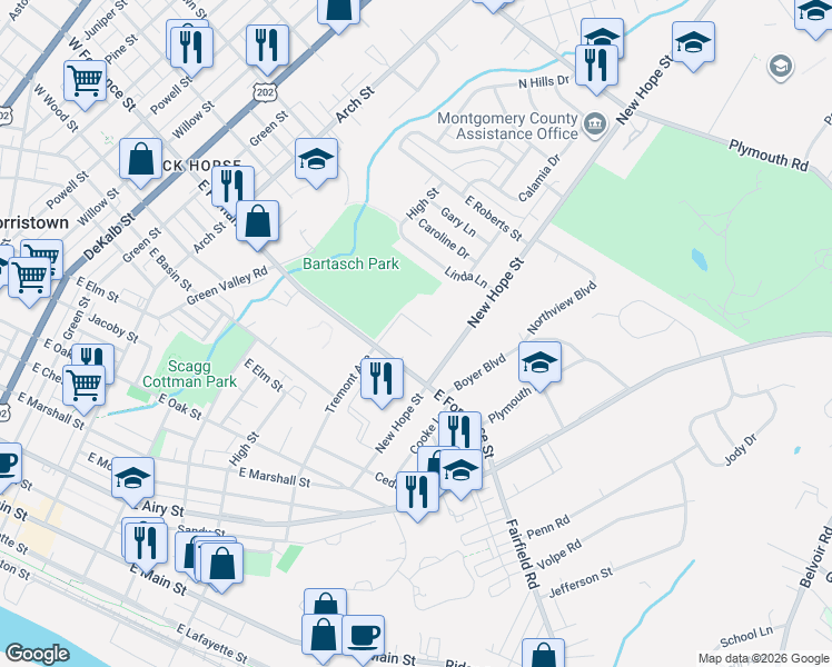 map of restaurants, bars, coffee shops, grocery stores, and more near 711 East Fornance Street in Norristown