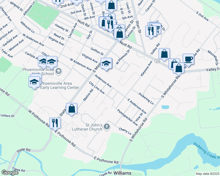 map of restaurants, bars, coffee shops, grocery stores, and more near 13 Anderson Avenue in Phoenixville