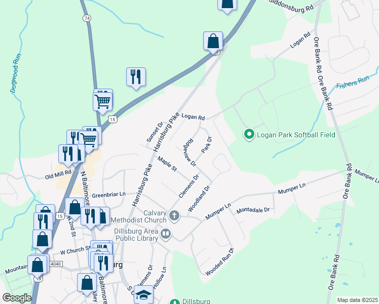 map of restaurants, bars, coffee shops, grocery stores, and more near 510 Ridgeview Drive in Dillsburg