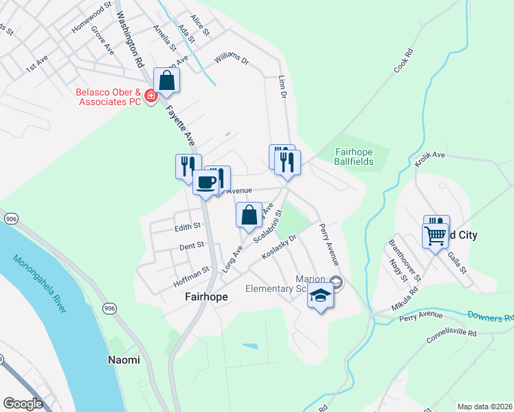 map of restaurants, bars, coffee shops, grocery stores, and more near 120 Smithfield Street in Belle Vernon