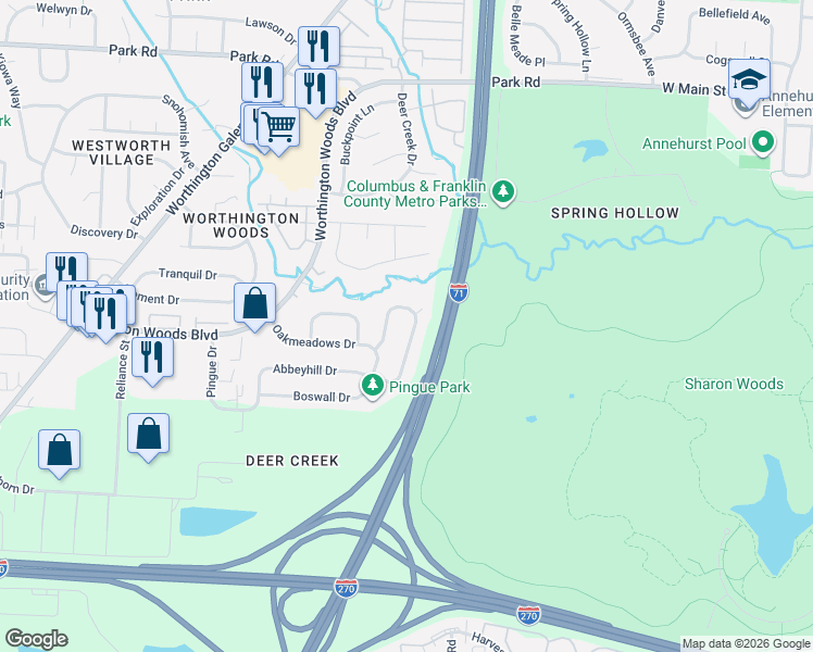 map of restaurants, bars, coffee shops, grocery stores, and more near 7397 Murrayfield Drive in Worthington
