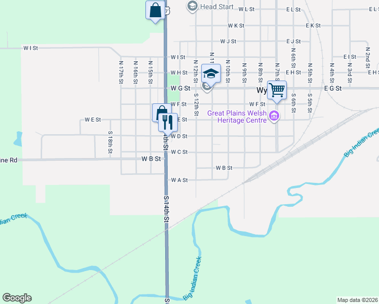 map of restaurants, bars, coffee shops, grocery stores, and more near 521 South 12th Street in Wymore