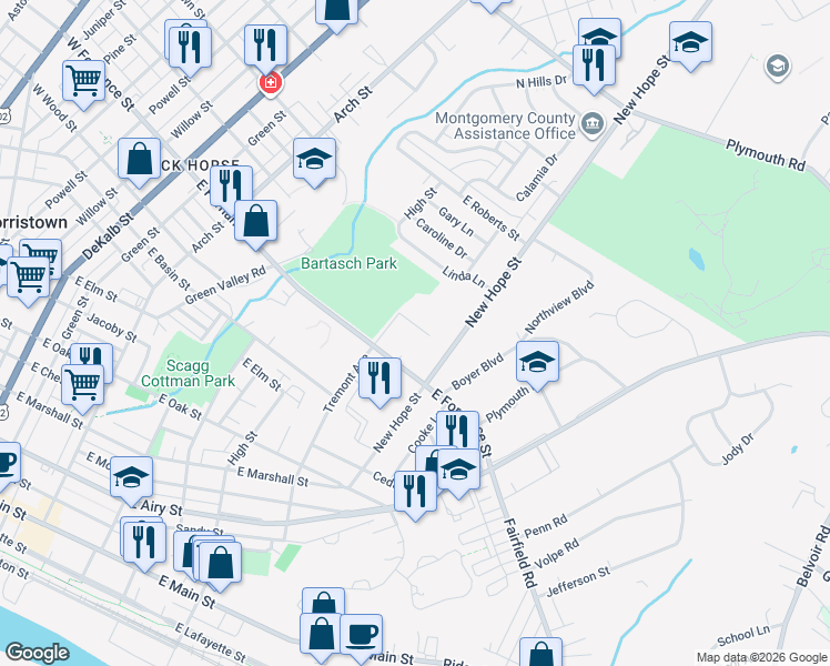 map of restaurants, bars, coffee shops, grocery stores, and more near 711 East Fornance Street in Norristown