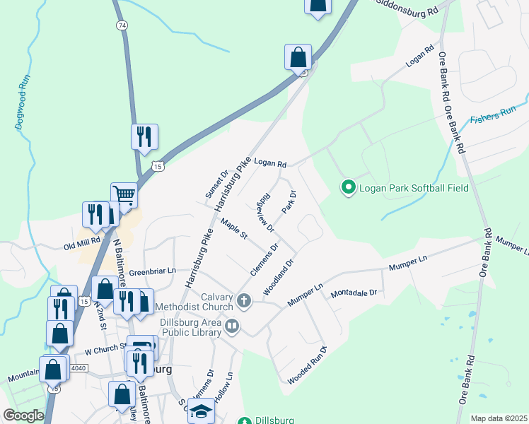 map of restaurants, bars, coffee shops, grocery stores, and more near 510 Ridgeview Drive in Dillsburg