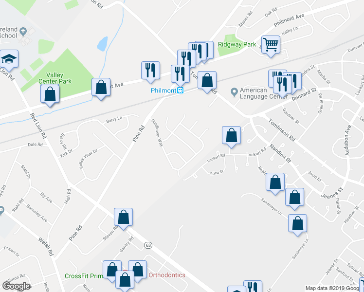 map of restaurants, bars, coffee shops, grocery stores, and more near 40 Morning Glory Way in Huntingdon Valley