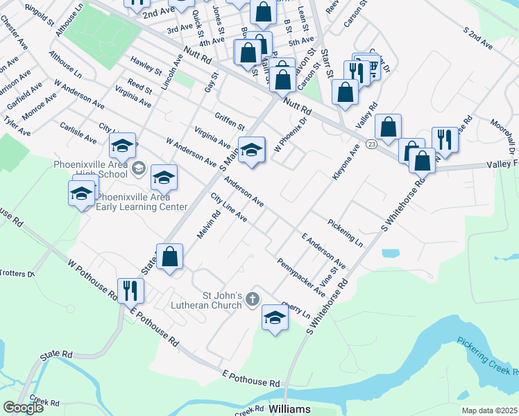 map of restaurants, bars, coffee shops, grocery stores, and more near 13 Anderson Avenue in Phoenixville