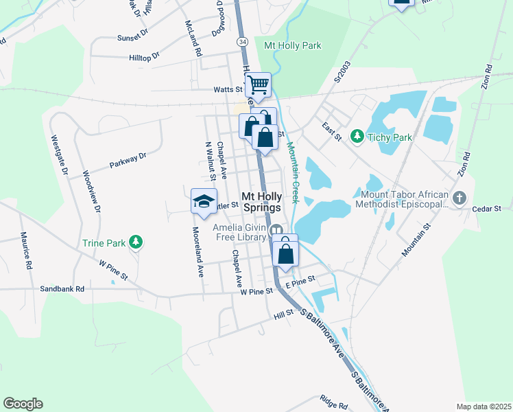 map of restaurants, bars, coffee shops, grocery stores, and more near 7 West Butler Street in Mount Holly Springs