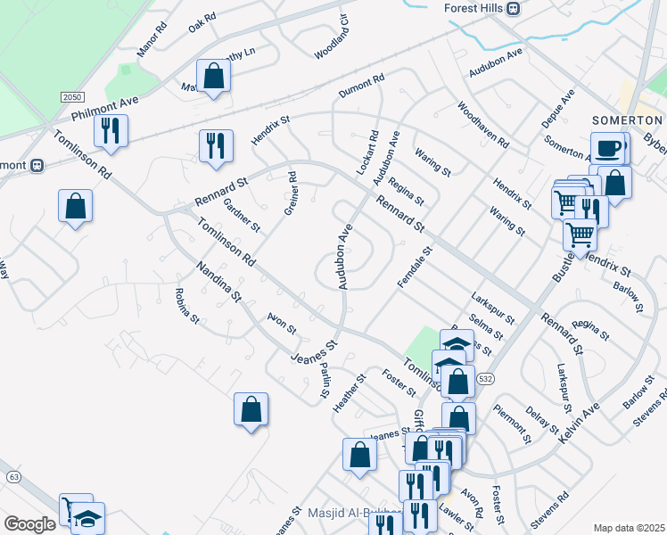 map of restaurants, bars, coffee shops, grocery stores, and more near 11114 Audubon Avenue in Philadelphia